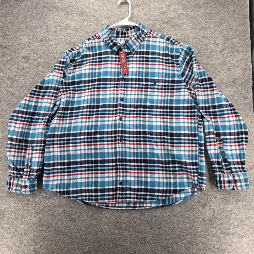 Merona Shirt Mens 2XL Blue Plaid Flannel Long Sleeve Button Up Regular Fit